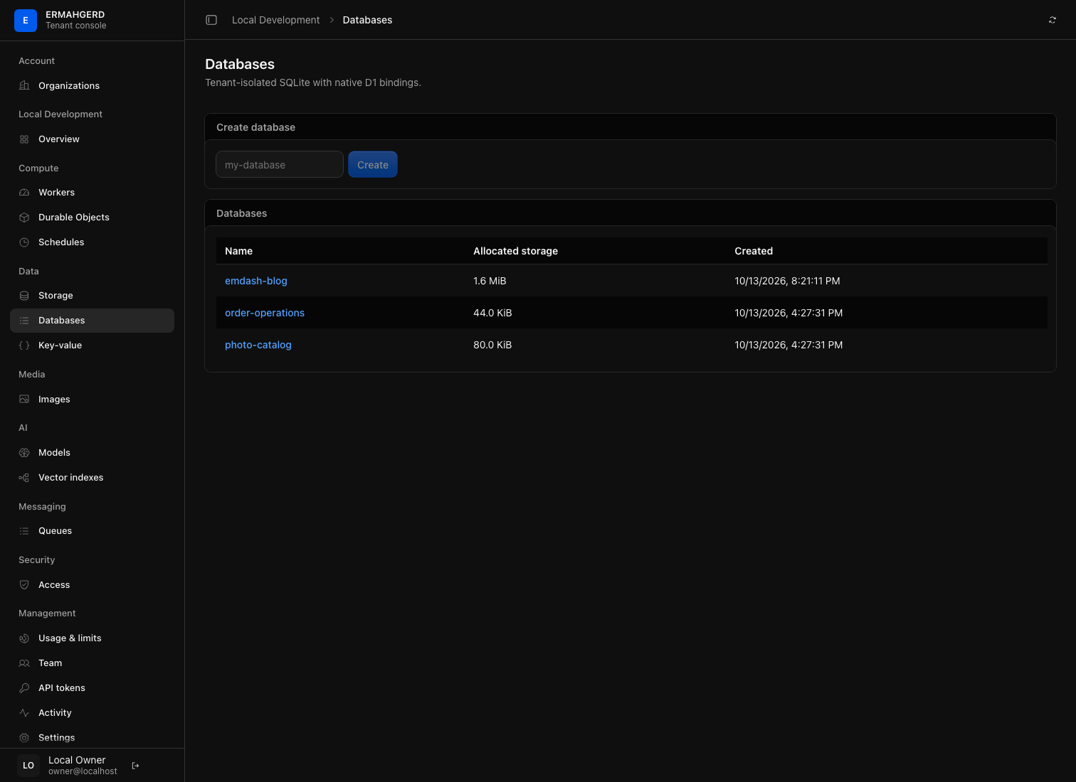 Database inventory in the tenant console