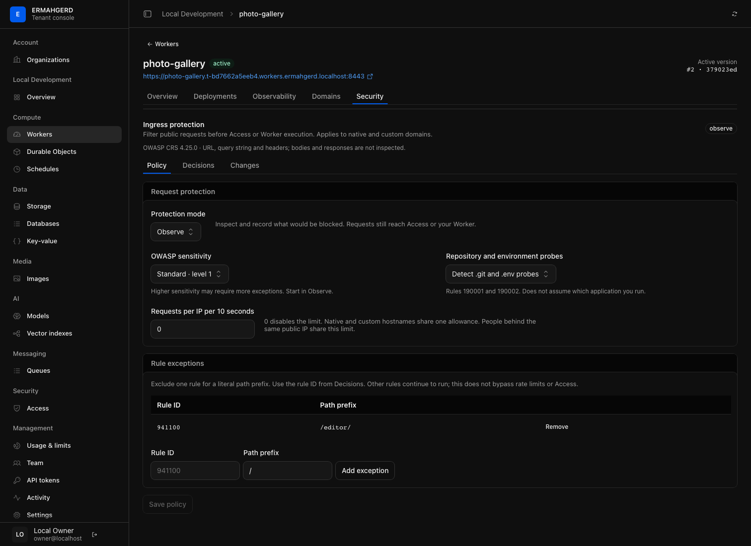 Worker security policy and scoped rule exceptions